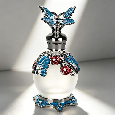 SEVENBEES 40ml Refillable Decorative Glass Perfume Bottle with Enameld Butterfly Figurine - Empty Vintage Glass Bottle for Essential Oils - Girl or Women Gift Souvenir for Dresser Table Decor in Kuwait