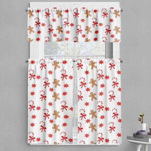 Ambesonne Christmas Valance & Tier Curtain 3 pcs Set, Tree Branches Spruce Leaves Balls Bells Cones Poinsettia Flowers Mistletoe Berry, Window Treatments for Kitchen Room Decor, 55" x 36", Ruby Green in Kuwait