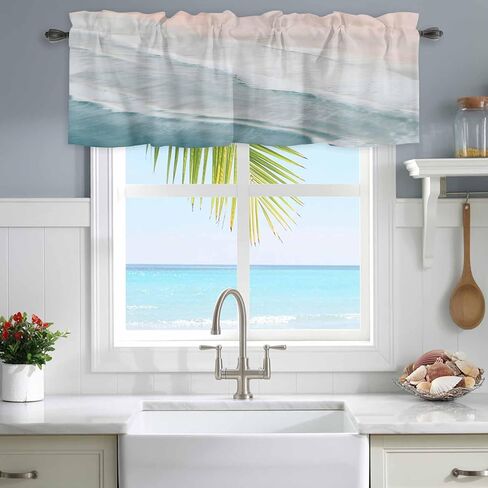Chucoco Summer Ocean Valance Curtain for Window,Coastal Beach Sea Waves Rod Pocket Kitchen Valances Blue Khaki Gradient Short Curtain Windows Treatment Drape for Bathroom/Living Room/Bedroom/Cafe in Kuwait