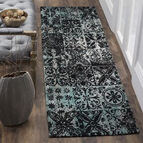 SAFAVIEH Classic Vintage Collection Runner Rug - 2'3" x 8', Teal & Black, Distressed Design, Non-Shedding & Easy Care, Ideal for High Traffic Areas in Living Room, Bedroom (CLV221A) in Kuwait