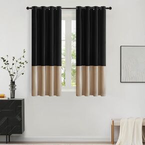 BULBUL Black Champagne Color Block Window Curtains Panels 84 inches Long Velvet Farmhouse Drapes for Bedroom Living Room Darkening Treatment with Grommet Set of 2 in Kuwait