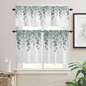 Kitchen Curtains and Valances Set, Spring Summer Eucalyptus Leaves Glass Green Stripes Short Rod Pocket 3 Pieces Window Curtain Set for Bedroom, Bathroom, 24 Inch Long in Kuwait