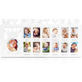Eorbow Newborn Baby Picture Frame, 15" x 7.3" My First Year Frame, Plastic 12 Month Baby Photo Frame, Monthly Milestone Keepsake Frame for Memories, 1st Birthday Gift, 13 Photo Inserts in Kuwait