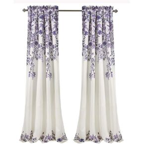 ستائر Tanisha Lush Decor - مجموعة لوحات نافذة مرشحة للضوء، زوج - طباعة كرمة زهور، ديكور منزلي جميل وحديث وأنيق - 52 بوصة عرض × 108 بوصة طول، كحلي وأبيض in Kuwait