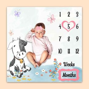 phmojen البقرة الطفل الشهري معلما بطانية، حيوانات المزرعة الفراشات الزهور العشب، الأطفال حديثي الولادة 1 إلى 12 شهرا للجنسين تشمل 4 إطارات و1 عقال 47 "× 47" btlsph503 in Kuwait