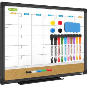 JILoffice Magnetic Calendar Whiteboard & Bulletin Corkboard Combination, Combo Board 24 x 18 Inch, 2 Pack, Black Aluminum Frame Wall Mounted Board for Office Home and School with 10 Push Pins in Kuwait
