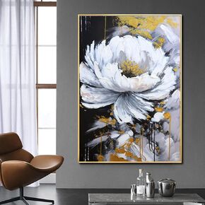 Hand-Painted Flower Canvas Oil Painting for Living Room, Large White Floral Canvas Wall Art for Bedroom,Gold Framed 3D Textured Painting for Office Kitchen Home Decoration 24x56 inches in Kuwait