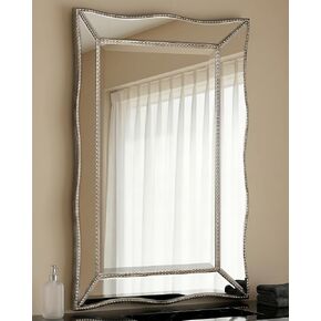 Head West Champagne Silver Metro Vintage Beaded Frame Beveled Scalloped Wall Mirror - Ideal for Living Room & Bedroom - 24 x 36 in Kuwait