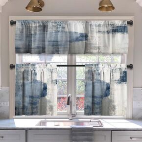 MCALK Navy Blue Blackout Kitchen Curtains Tiers and Valances for Windows, Geometric Modern Art Kitchen Window Curtains, Grey and Black Valances for Living Room (36" Tiers Set) in Kuwait