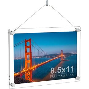 BlueValley Acrylic Floating Picture Frame 8.5 x 11 - Clear Frameless Photo Display Holder, Self Standing Desktop or Wall Mount Lucite Frame for Certificate, Document, Poster, Ads Flyer - Vertical & Horizontal in Kuwait