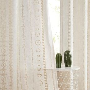SXZJTEX Gold Linen Window Curtain Panels Metallic Geo Moroccan Tile Foil Print Semi Sheer Drapes for Bedroom Living Room, Light Filtering Window Treatments, Grommet Top Panels Set of 2, 55" Wx95 L in Kuwait