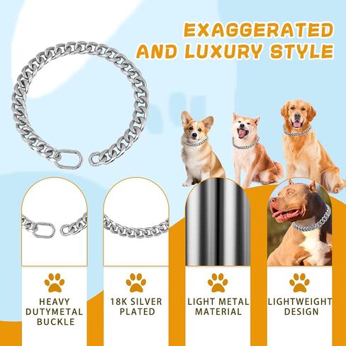 BAOBOTE 19MM Thick 18K Silver Plated Metal Dog Cuban Link Collar Dog Chain Collar for Dogs(16" Silver) in Kuwait