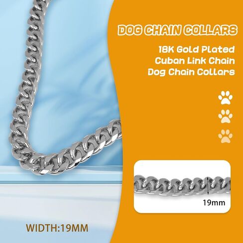 BAOBOTE 19MM Thick 18K Silver Plated Metal Dog Cuban Link Collar Dog Chain Collar for Dogs(16" Silver) in Kuwait