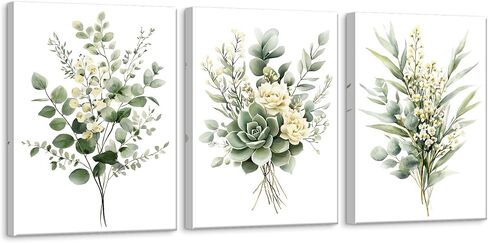 Zessonic Sage Green Botanical Wall Art, Watercolor Framed Canvas Prints Modern Green Plant White Floral Decor for Bedroom Living Room Bathroom Nursery, Set of 3, 12x16 Inch - Ready to Hang in Kuwait