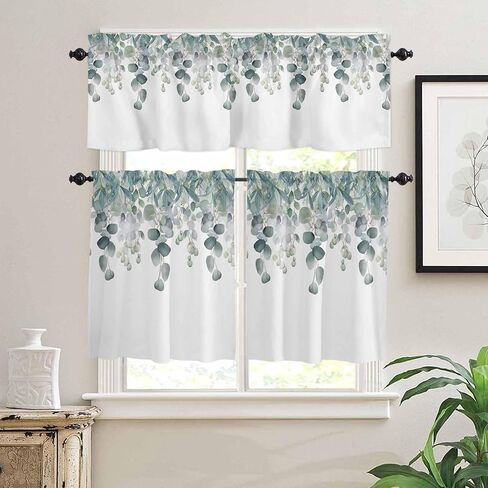 Kitchen Curtains and Valances Set, Spring Summer Eucalyptus Leaves Glass Green Stripes Short Rod Pocket 3 Pieces Window Curtain Set for Bedroom, Bathroom, 24 Inch Long in Kuwait