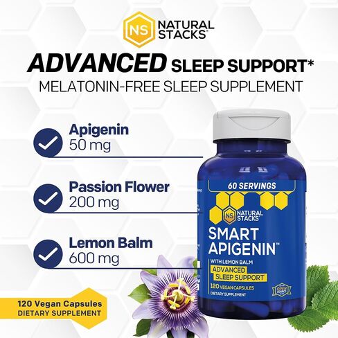 NATURAL STACKS APIGENIN+ 50 ملغ - مكمل مستخلص زهرة العاطفة لتخفيف التوتر - مكمل أبيجينين للنوم - مكمل غذائي للاسترخاء والنوم والمزاج الهادئ، 120 كبسولة نباتية in Kuwait