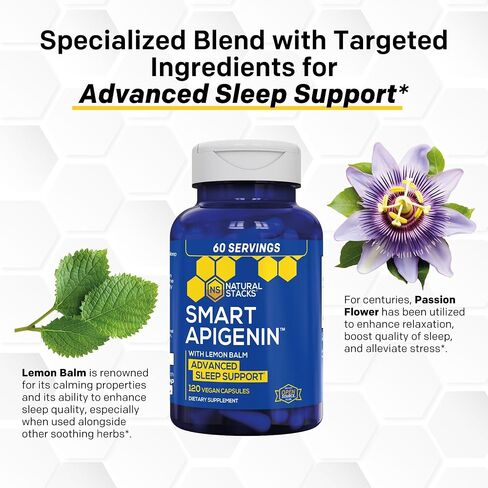 NATURAL STACKS APIGENIN+ 50 ملغ - مكمل مستخلص زهرة العاطفة لتخفيف التوتر - مكمل أبيجينين للنوم - مكمل غذائي للاسترخاء والنوم والمزاج الهادئ، 120 كبسولة نباتية in Kuwait