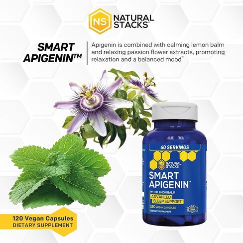 NATURAL STACKS APIGENIN+ 50 ملغ - مكمل مستخلص زهرة العاطفة لتخفيف التوتر - مكمل أبيجينين للنوم - مكمل غذائي للاسترخاء والنوم والمزاج الهادئ، 120 كبسولة نباتية in Kuwait