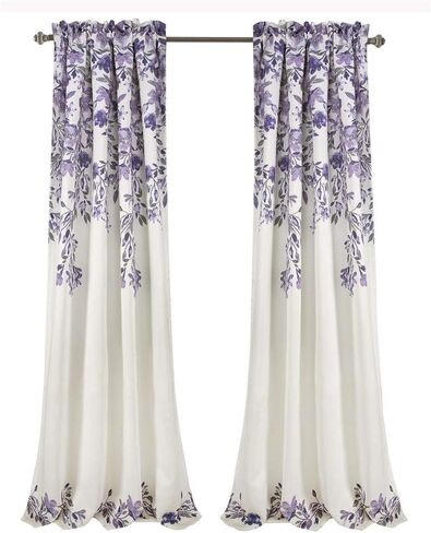 ستائر Tanisha Lush Decor - مجموعة لوحات نافذة مرشحة للضوء، زوج - طباعة كرمة زهور، ديكور منزلي جميل وحديث وأنيق - 52 بوصة عرض × 108 بوصة طول، كحلي وأبيض in Kuwait