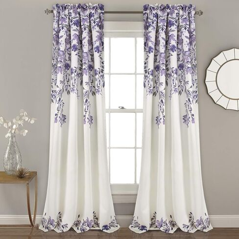 ستائر Tanisha Lush Decor - مجموعة لوحات نافذة مرشحة للضوء، زوج - طباعة كرمة زهور، ديكور منزلي جميل وحديث وأنيق - 52 بوصة عرض × 108 بوصة طول، كحلي وأبيض in Kuwait