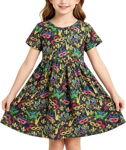 Baby Girl Kids Mardi Gras Carnival Dress with Mardi Gras Face Masks Print in Kuwait