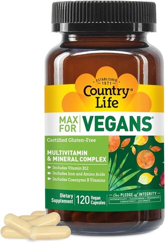 Country Life MAX للنباتيين، مركب متعدد الفيتامينات والمعادن، 120 كبسولة نباتية، خالي من الغلوتين، نباتي معتمد in Kuwait