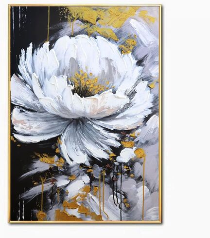 Hand-Painted Flower Canvas Oil Painting for Living Room, Large White Floral Canvas Wall Art for Bedroom,Gold Framed 3D Textured Painting for Office Kitchen Home Decoration 24x56 inches in Kuwait