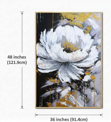 Hand-Painted Flower Canvas Oil Painting for Living Room, Large White Floral Canvas Wall Art for Bedroom,Gold Framed 3D Textured Painting for Office Kitchen Home Decoration 24x56 inches in Kuwait