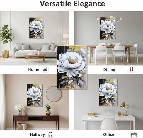 Hand-Painted Flower Canvas Oil Painting for Living Room, Large White Floral Canvas Wall Art for Bedroom,Gold Framed 3D Textured Painting for Office Kitchen Home Decoration 24x56 inches in Kuwait