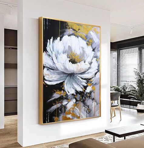 Hand-Painted Flower Canvas Oil Painting for Living Room, Large White Floral Canvas Wall Art for Bedroom,Gold Framed 3D Textured Painting for Office Kitchen Home Decoration 24x56 inches in Kuwait
