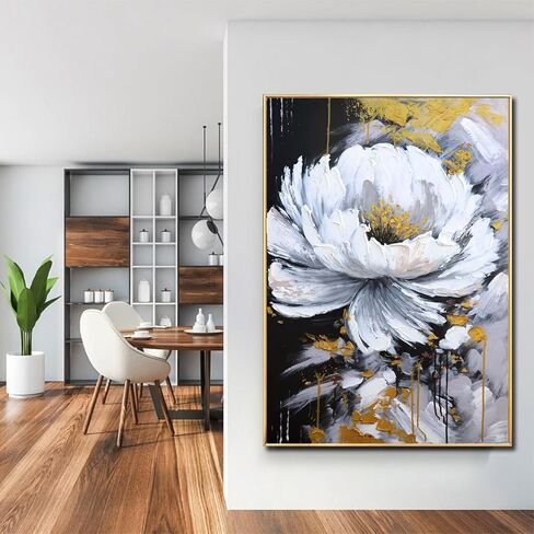 Hand-Painted Flower Canvas Oil Painting for Living Room, Large White Floral Canvas Wall Art for Bedroom,Gold Framed 3D Textured Painting for Office Kitchen Home Decoration 24x56 inches in Kuwait