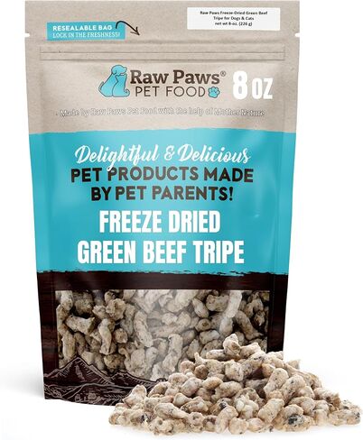 Raw Paws Freeze-Dried Green Beef Tripe for Dogs & Cats, 8-oz - Made in USA - Raw Freeze Dried Dog Treats - Free-Range Cows - Grain & Wheat Free Beef Green Tripe Cat Treats - Raw Tripe Treats for Dogs in Kuwait