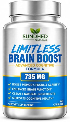 Sundhed Natural Limitless Brain Boost (60 caps) - Memory, Focus, Mental Clarity - Nootropics Scientific Formula for Enhance Performance, Super Ginkgo Biloba, St John Wort Extract, DMAE in Kuwait