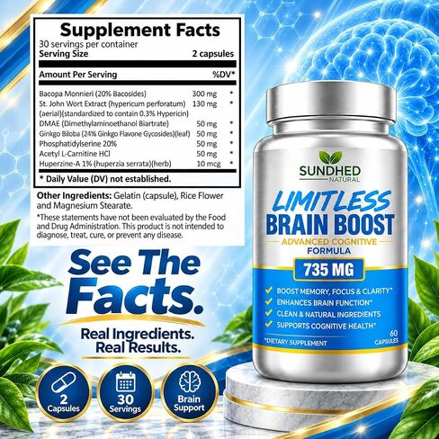 Sundhed Natural Limitless Brain Boost (60 caps) - Memory, Focus, Mental Clarity - Nootropics Scientific Formula for Enhance Performance, Super Ginkgo Biloba, St John Wort Extract, DMAE in Kuwait