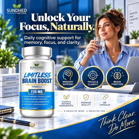 Sundhed Natural Limitless Brain Boost (60 caps) - Memory, Focus, Mental Clarity - Nootropics Scientific Formula for Enhance Performance, Super Ginkgo Biloba, St John Wort Extract, DMAE in Kuwait