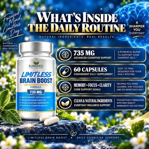 Sundhed Natural Limitless Brain Boost (60 caps) - Memory, Focus, Mental Clarity - Nootropics Scientific Formula for Enhance Performance, Super Ginkgo Biloba, St John Wort Extract, DMAE in Kuwait