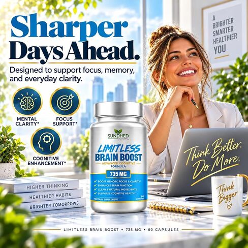 Sundhed Natural Limitless Brain Boost (60 caps) - Memory, Focus, Mental Clarity - Nootropics Scientific Formula for Enhance Performance, Super Ginkgo Biloba, St John Wort Extract, DMAE in Kuwait