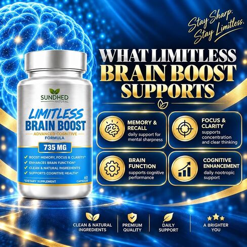Sundhed Natural Limitless Brain Boost (60 caps) - Memory, Focus, Mental Clarity - Nootropics Scientific Formula for Enhance Performance, Super Ginkgo Biloba, St John Wort Extract, DMAE in Kuwait