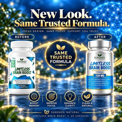 Sundhed Natural Limitless Brain Boost (60 caps) - Memory, Focus, Mental Clarity - Nootropics Scientific Formula for Enhance Performance, Super Ginkgo Biloba, St John Wort Extract, DMAE in Kuwait