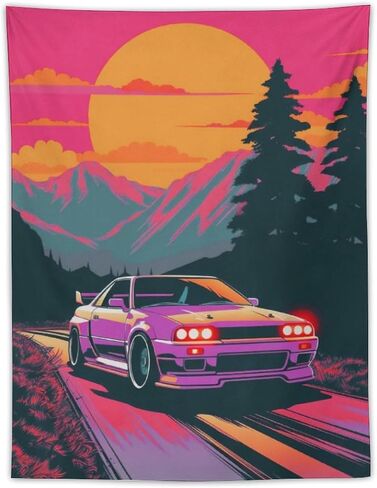 josnmre R32 Jdm Car Retro Synthwave Tapestry Wall Hanging for Bedroom Aesthetic Art Home Decor Dorm Classroom Living Room Tapestries 30"x40" in Kuwait
