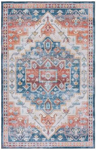 SAFAVIEH Tucson Collection Area Rug - 8' x 10', Blue & Rust, Persian Medallion Design, Non-Shedding Machine Washable & Slip Resistant Ideal for High Traffic Areas in Living Room, Bedroom (TSN116M) in Kuwait