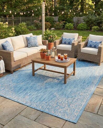 Rugs.com Outdoor Traditional Collection Rug – 6 Ft Runner Blue Flatweave Rug Perfect for Hallways, Entryways in Kuwait