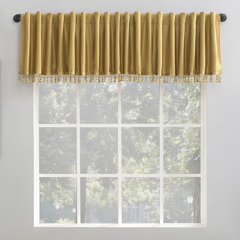 Sun Zero Greyson Faux Dupioni Silk Beaded Tassels Thermal Extreme Total Blackout Back Tab Curtain Valance, 50" x 17", Gold in Kuwait