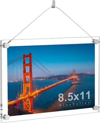 BlueValley Acrylic Floating Picture Frame 8.5 x 11 - Clear Frameless Photo Display Holder, Self Standing Desktop or Wall Mount Lucite Frame for Certificate, Document, Poster, Ads Flyer - Vertical & Horizontal in Kuwait