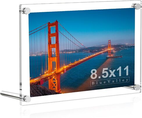 BlueValley Acrylic Floating Picture Frame 8.5 x 11 - Clear Frameless Photo Display Holder, Self Standing Desktop or Wall Mount Lucite Frame for Certificate, Document, Poster, Ads Flyer - Vertical & Horizontal in Kuwait