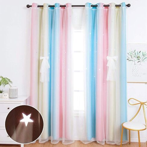 UNISTAR 2 Panels Star Blackout Curtains for Kids Girls Bedroom Aesthetic Living Room Colorful Double Layer Cut Out Stripe Pink and Blue Rainbow Window Home Decoration Curtain W42 x L84 Inches in Kuwait
