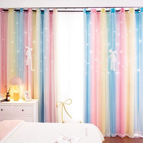 UNISTAR 2 Panels Star Blackout Curtains for Kids Girls Bedroom Aesthetic Living Room Colorful Double Layer Cut Out Stripe Pink and Blue Rainbow Window Home Decoration Curtain W42 x L84 Inches in Kuwait