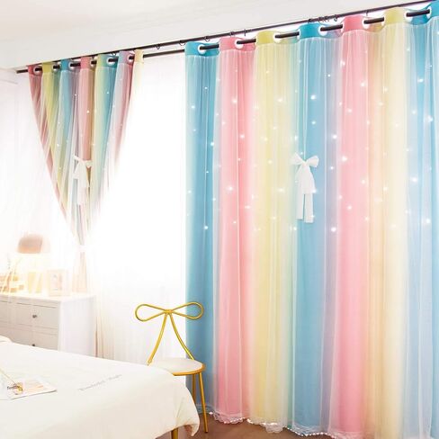UNISTAR 2 Panels Star Blackout Curtains for Kids Girls Bedroom Aesthetic Living Room Colorful Double Layer Cut Out Stripe Pink and Blue Rainbow Window Home Decoration Curtain W42 x L84 Inches in Kuwait