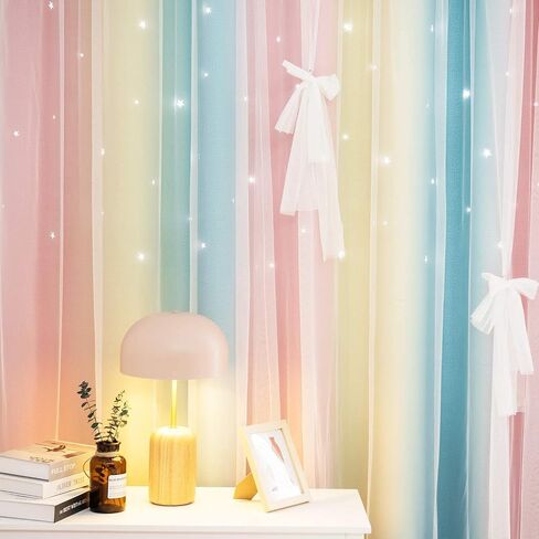 UNISTAR 2 Panels Star Blackout Curtains for Kids Girls Bedroom Aesthetic Living Room Colorful Double Layer Cut Out Stripe Pink and Blue Rainbow Window Home Decoration Curtain W42 x L84 Inches in Kuwait