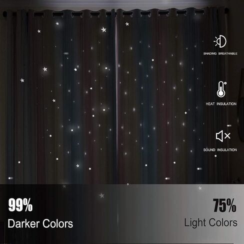 UNISTAR 2 Panels Star Blackout Curtains for Kids Girls Bedroom Aesthetic Living Room Colorful Double Layer Cut Out Stripe Pink and Blue Rainbow Window Home Decoration Curtain W42 x L84 Inches in Kuwait